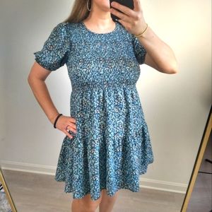 Blue navy smocked puff sleeves peasant boho dress sz small short sleeves